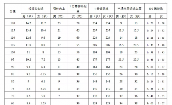 中考体育考试项目评分标准