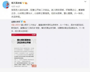 杨天真将卸任所有艺人经纪业务 发视频宣布转型做（Z-B）领域