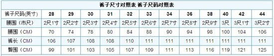 男士裤子34码对照表怎么看